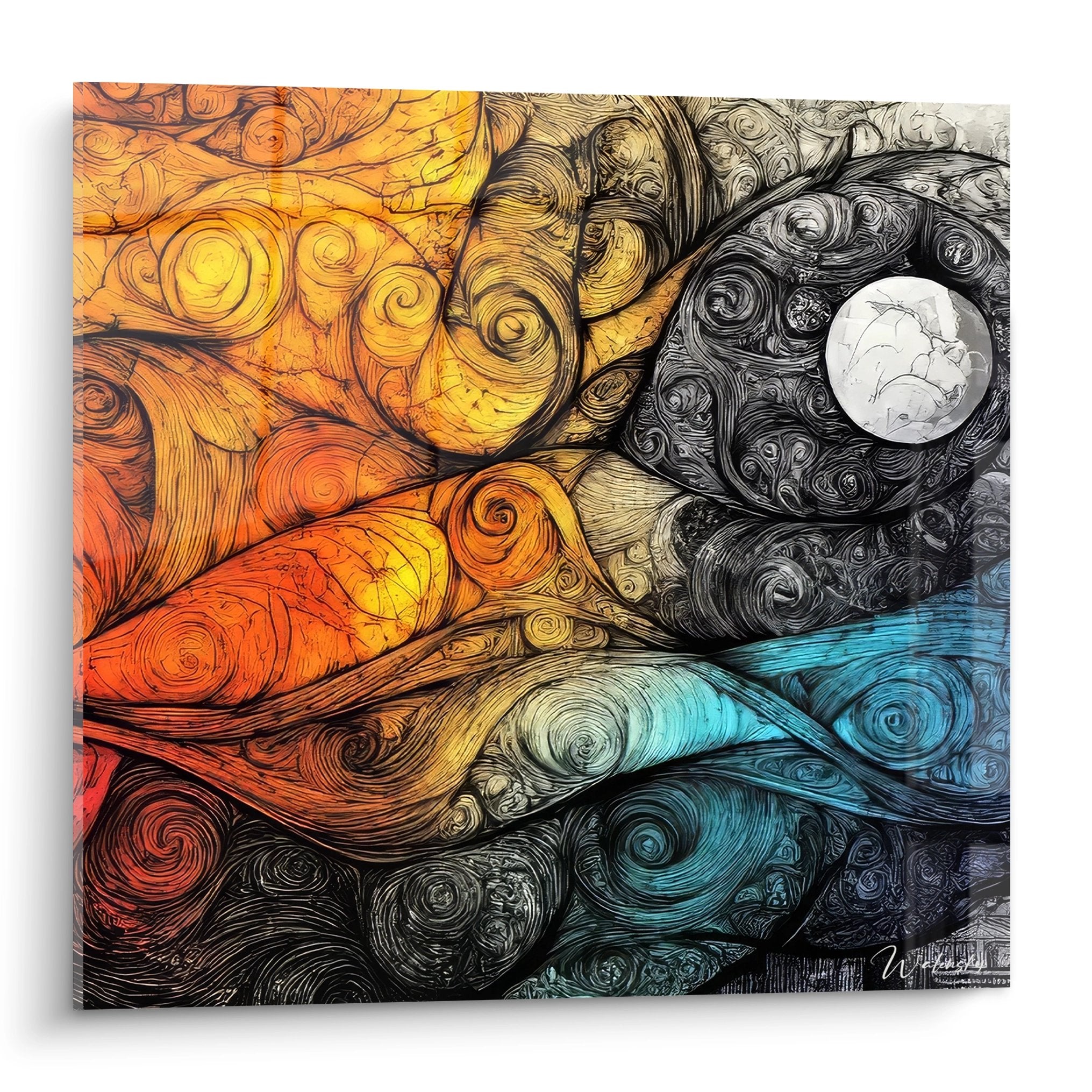 Tableau mural dessin tourbillons cosmiques colorés avec lune blanche centrale et spirales dorées