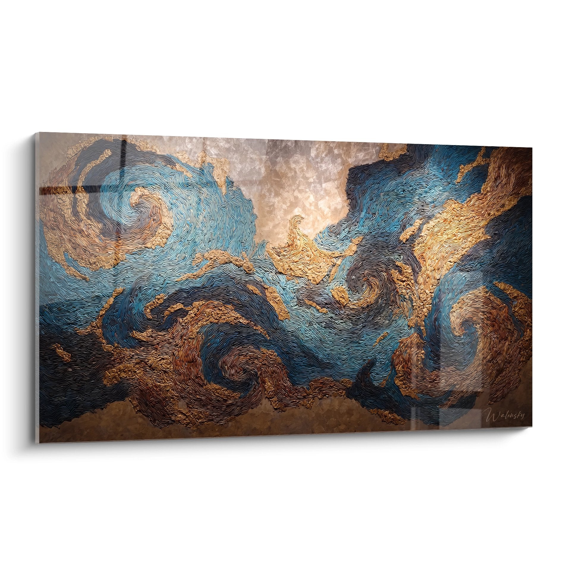 Tableau mural tourbillons cosmiques abstraits aux spirales dorées et bleues texturées pour décoration moderne