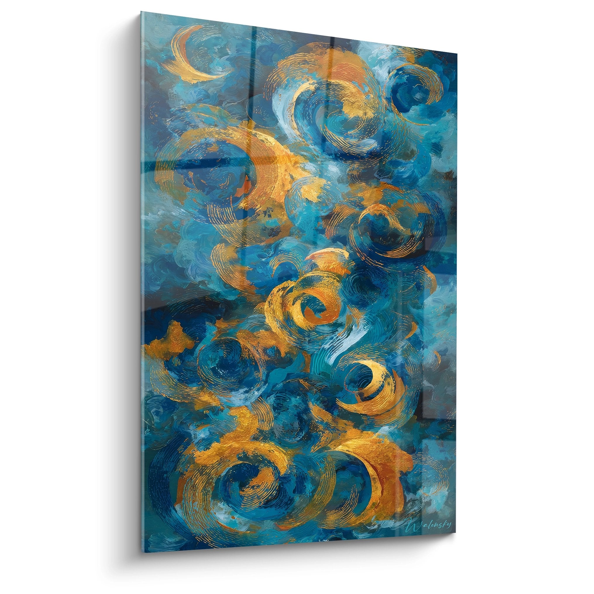 Tableau mural tourbillons dorés et bleus, art moderne abstrait avec spirales dynamiques