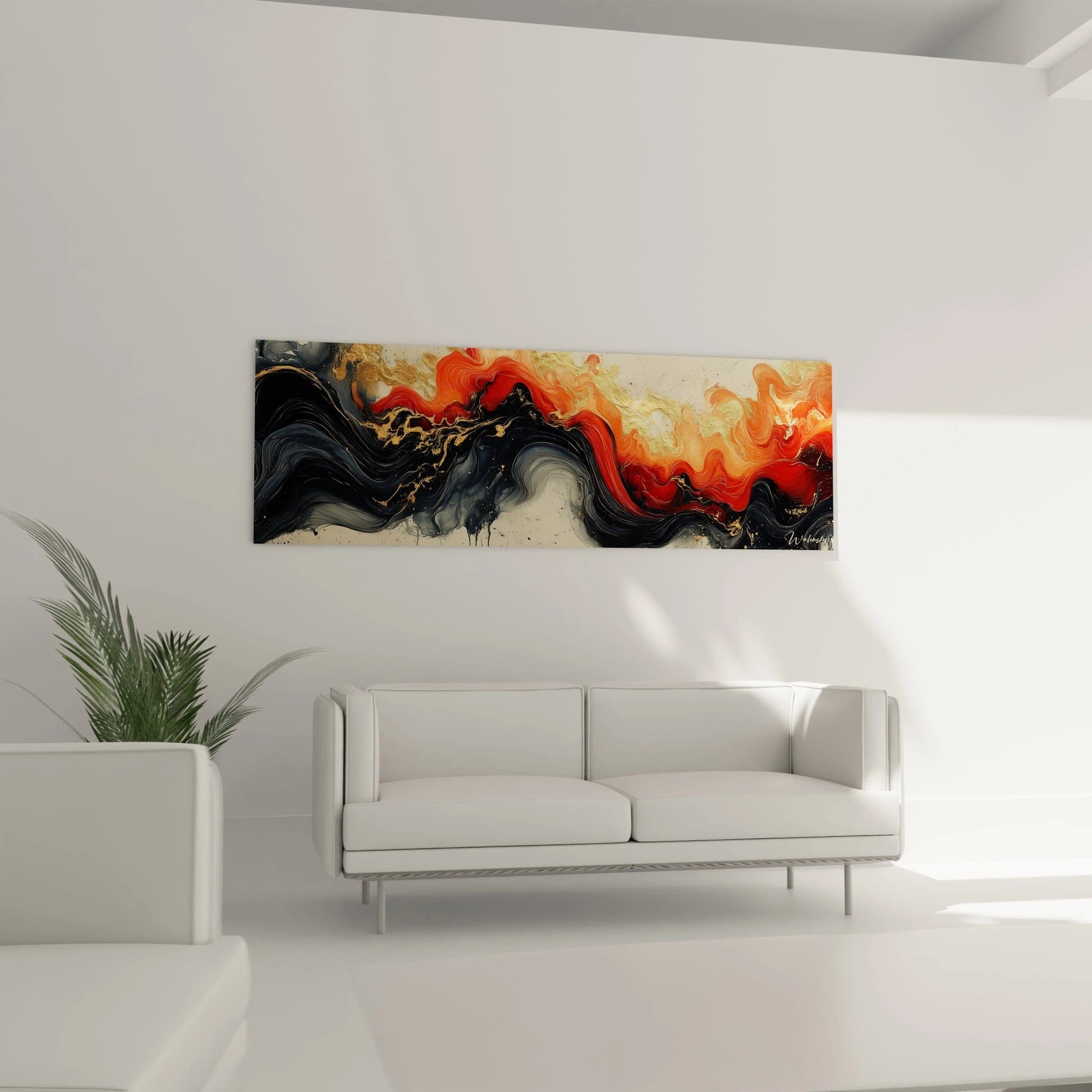 Tableau expressionniste abstrait de Walensky avec des nuances de noir, rouge et or dans un salon moderne
