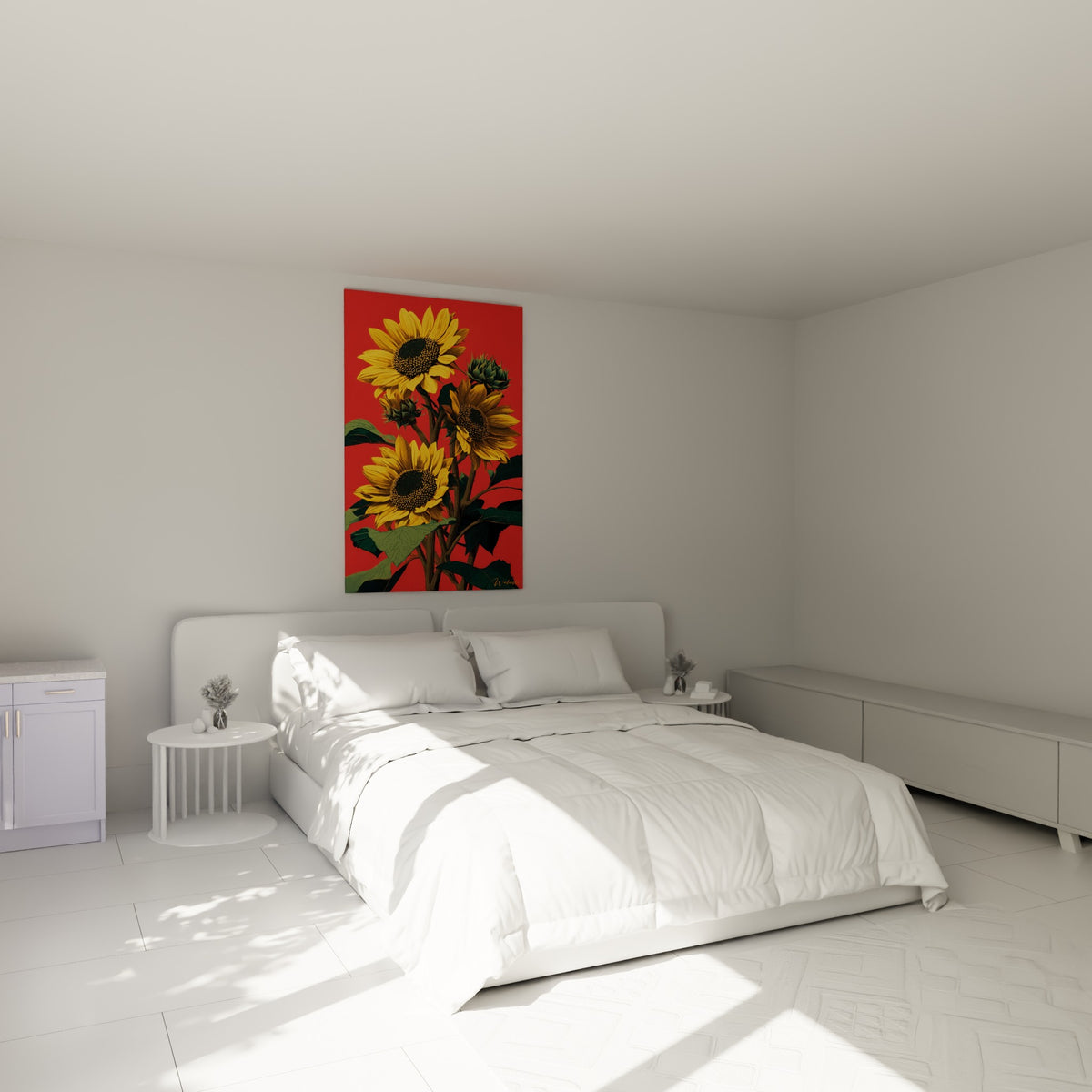 Tournesols jaunes et rouge vif illuminant le mur au-dessus d'un lit dans une chambre claire