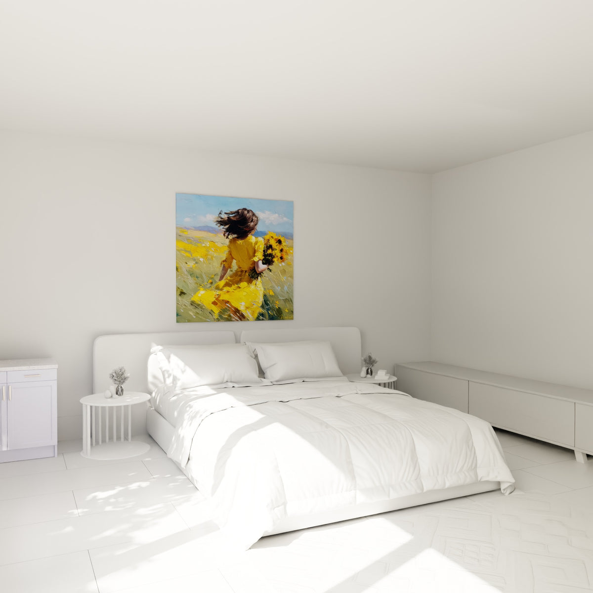 Silhouette en jaune vif tenant un bouquet doré, peinture épaisse au-dessus d'un lit dans une chambre claire