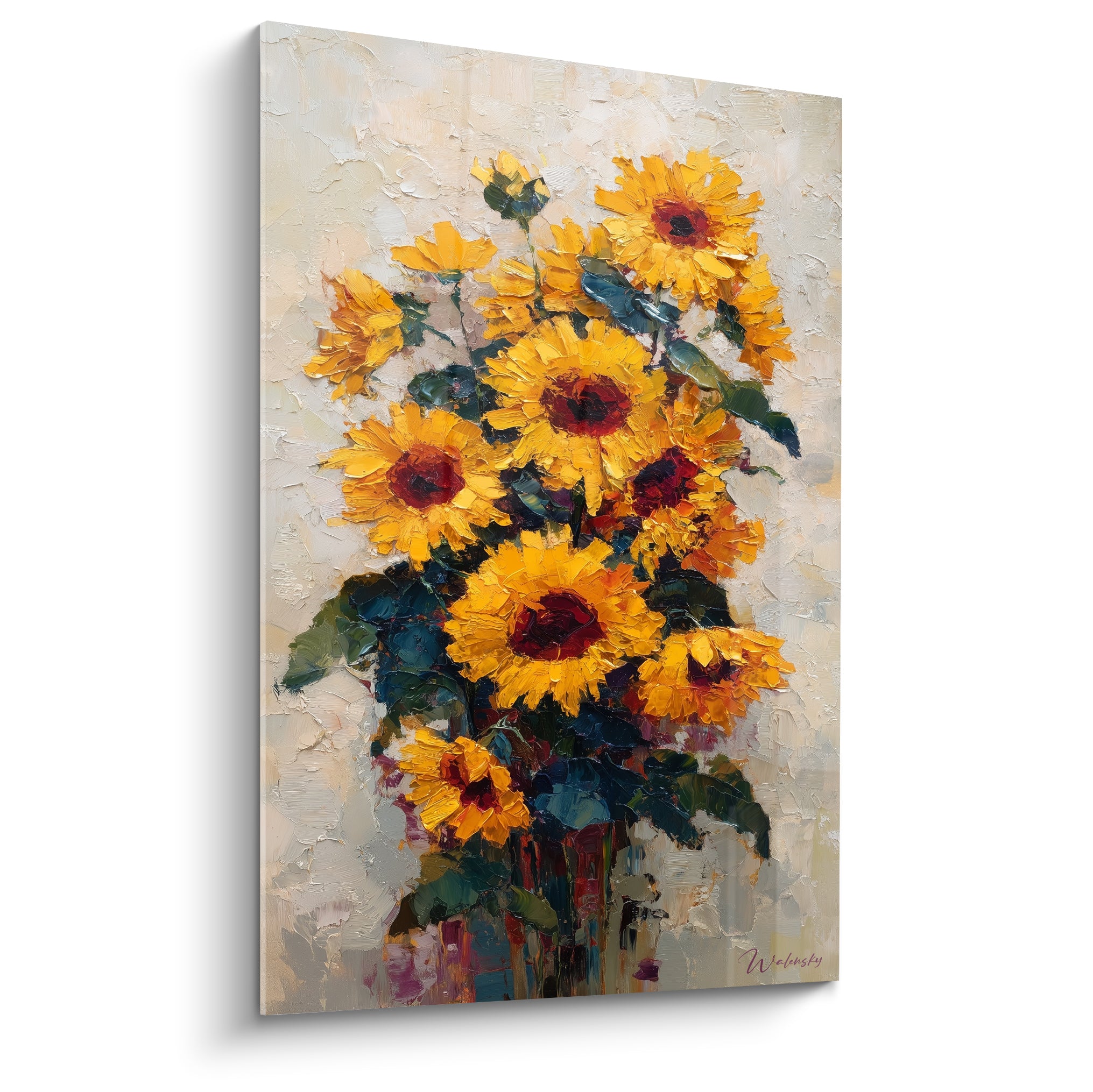 Tournesols jaune vif et bordeaux peints au couteau sur fond crème texturé
