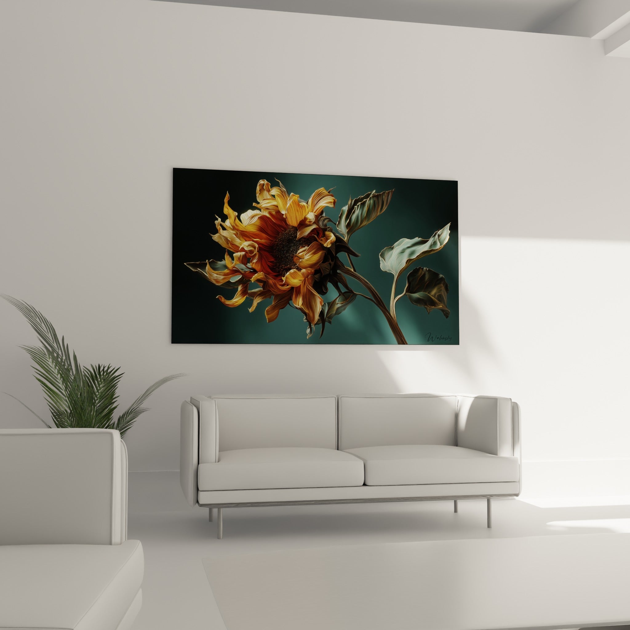 Pétales ondulantes dorées et brunes du Tournesol, au-dessus d'un canapé dans un salon lumineux