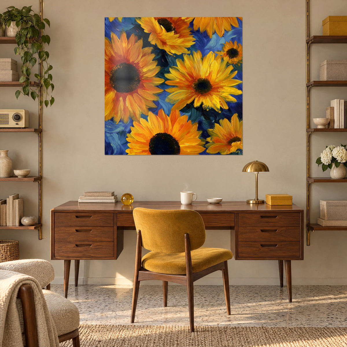 Obraz duże cytrynowożółte kwiaty z brązowym sercem na niebieskich wirach, nad drewnianym biurkiem i musztardowym fotelem