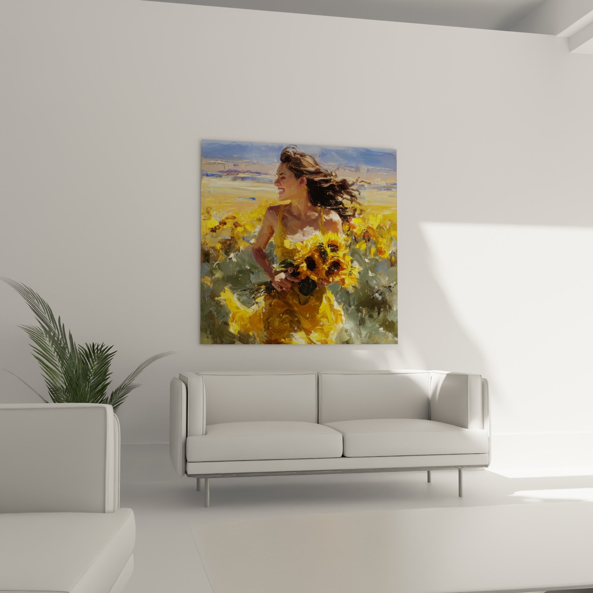 Cheveux bruns au vent et tournesols dorés serrés contre une robe jaune, au-dessus d'un canapé dans un salon lumineux