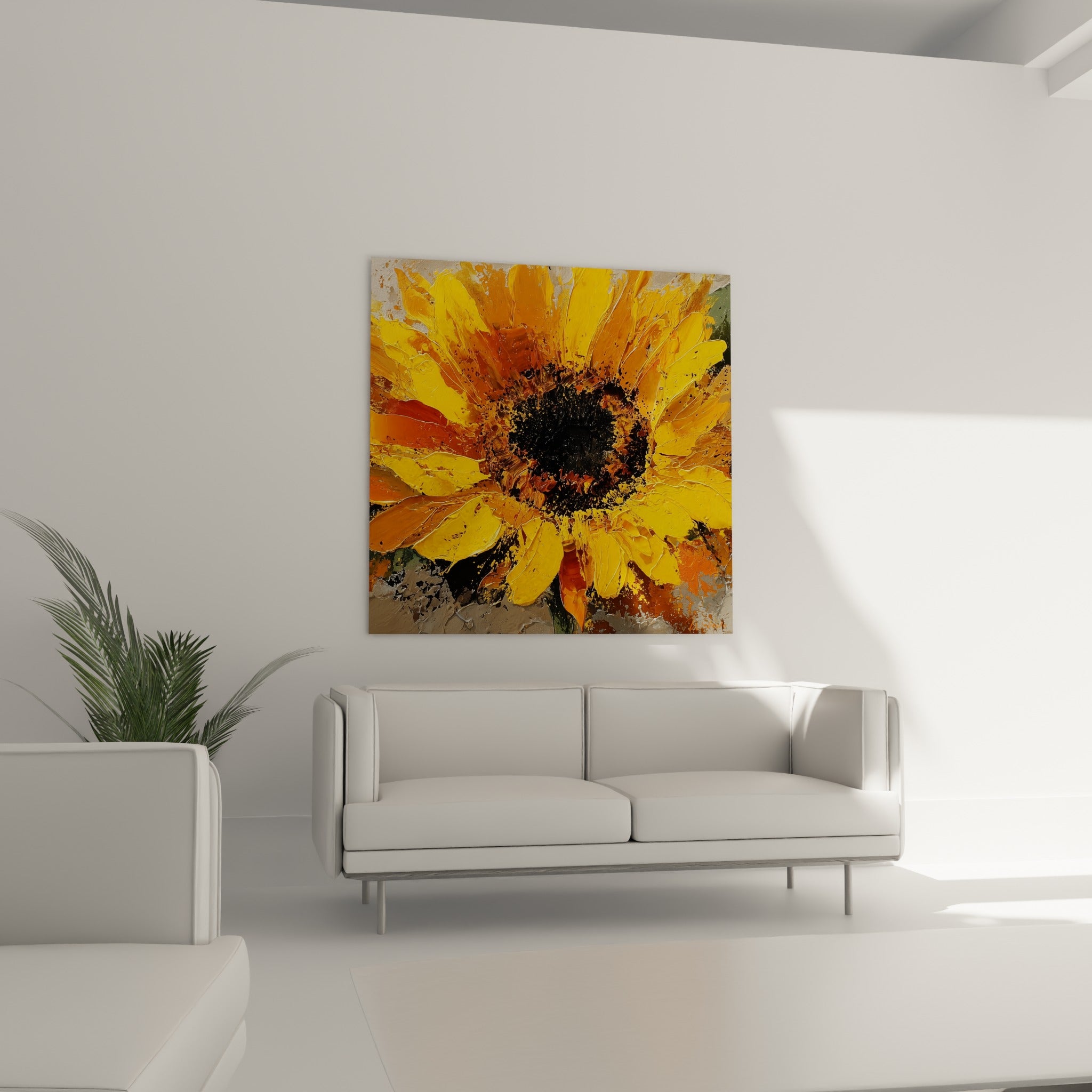 Fleur solaire orangée et noire aux empâtements marqués, au-dessus d'un canapé dans un salon lumineux