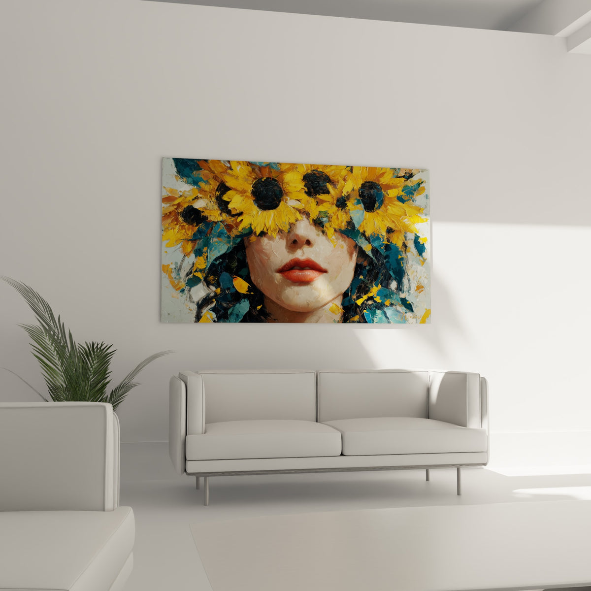 Visage entouré de pétales jaunes et de bleu marine, suspendu au-dessus d'un canapé dans un salon lumineux