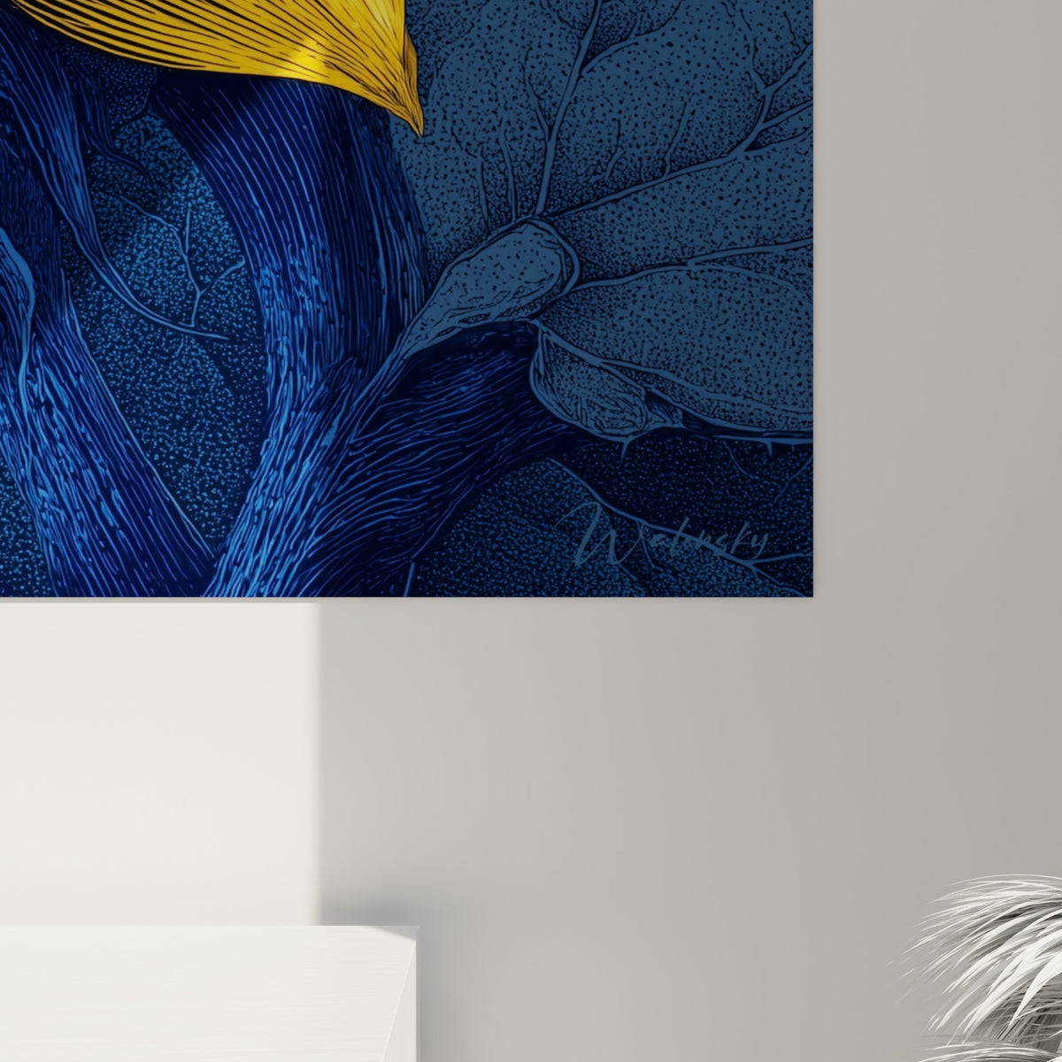 Détail des traits gravés jaune et bleu marine révélant la texture minutieuse des pétales du tournesol