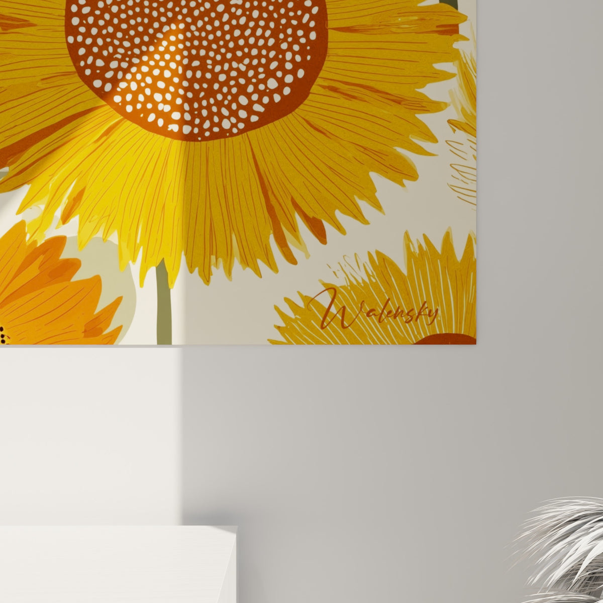 Détail des traits fins et du grain de l'impression sur les pétales ocre et le cœur brun du tournesol