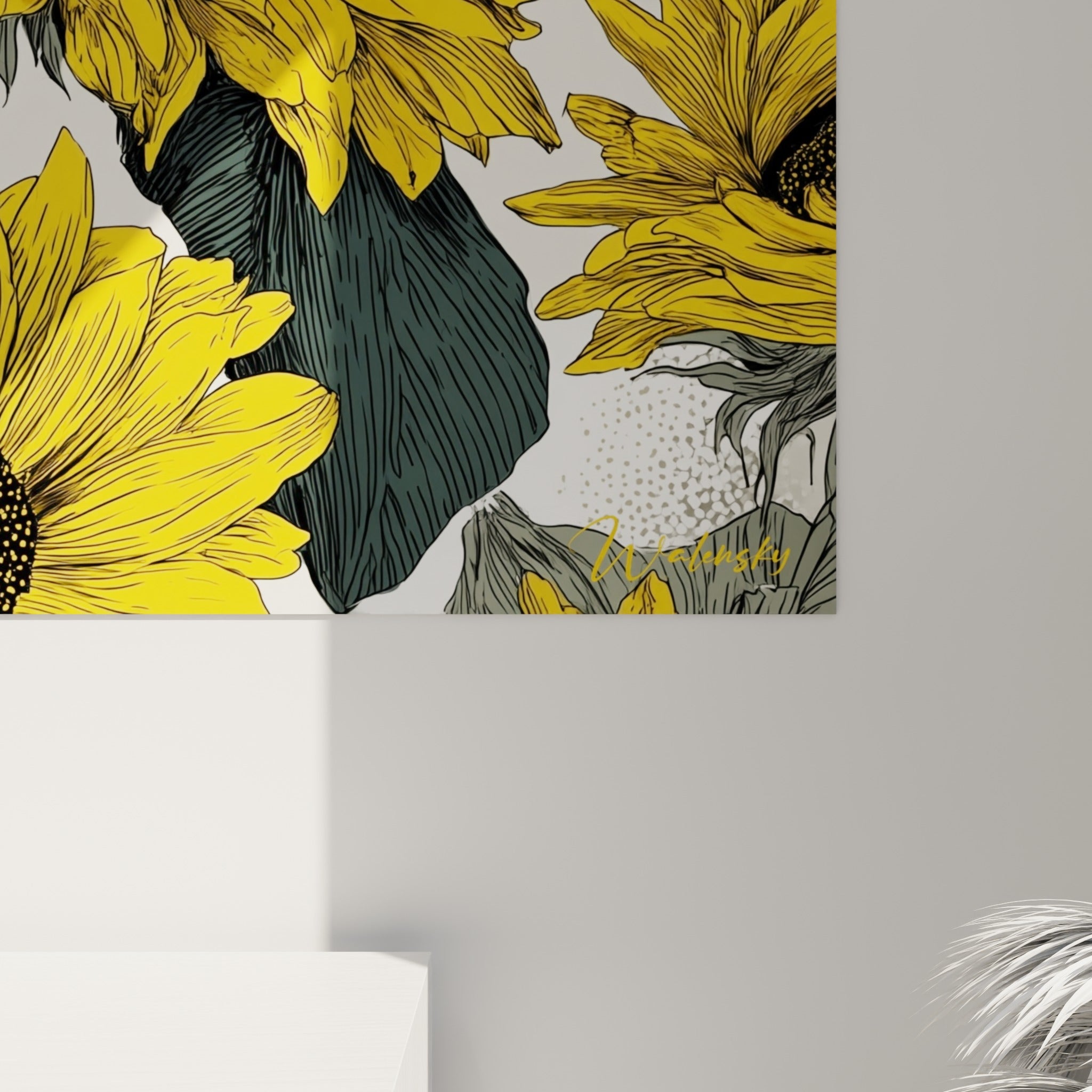 Détail des pétales jaunes striés de noir et du grain fin de l'impression du tableau tournesol