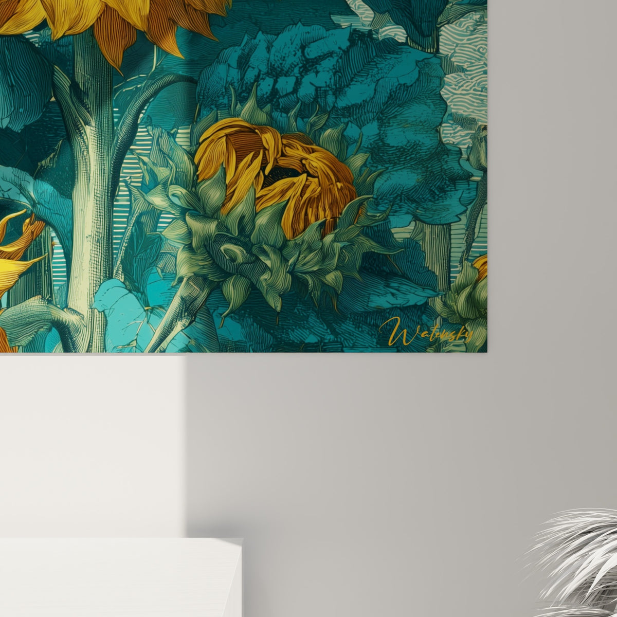 Détail des pétales jaune doré et des hachures fines du feuillage turquoise sur la toile