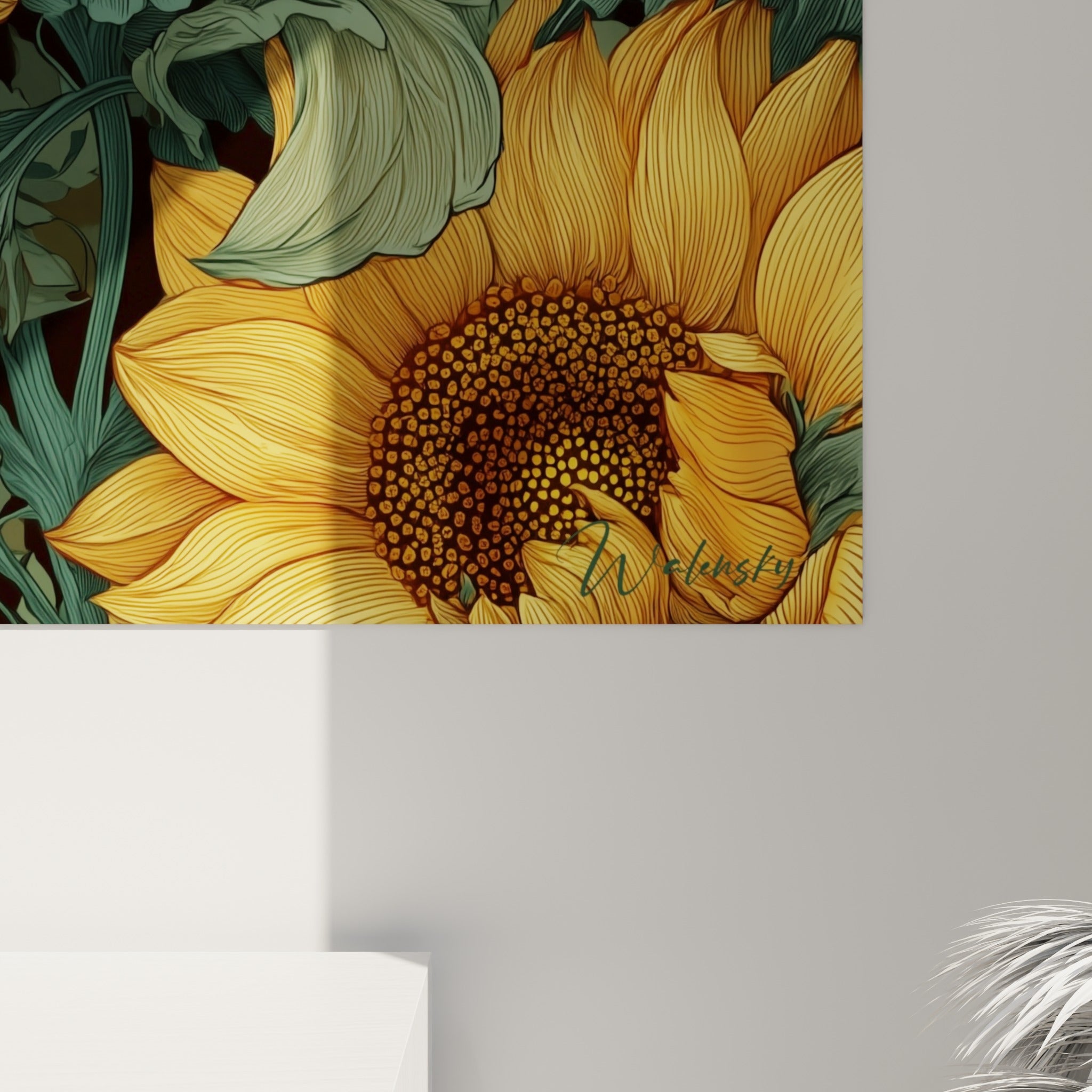 Détail rapproché des pétales dorés striés et du cœur brun texturé d'un tournesol illustré