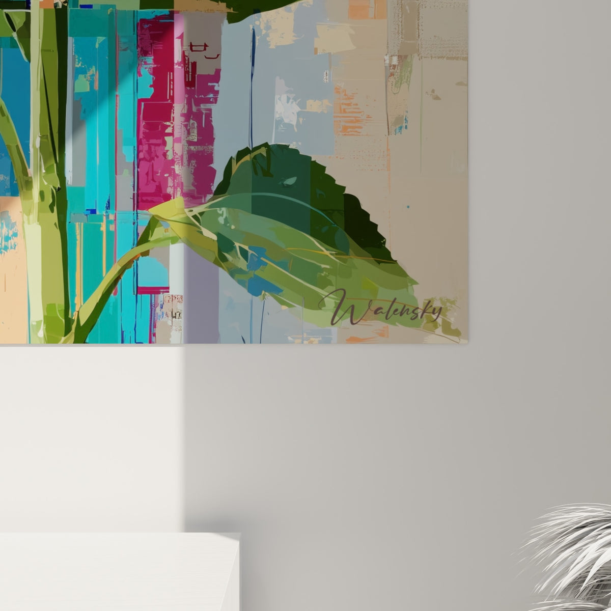 Détail du grain pictural jaune doré et turquoise du tournesol avec coulures ocre et anthracite