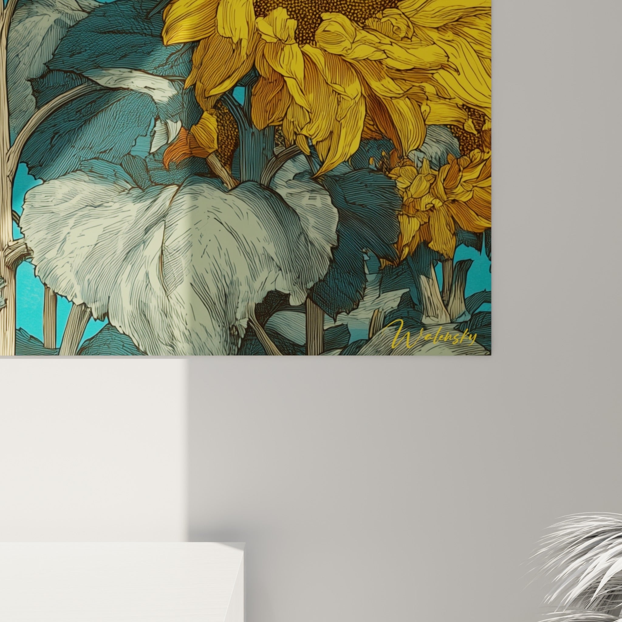 Détail des pétales jaune moutarde et du cœur brun texturé du tableau tournesol turquoise