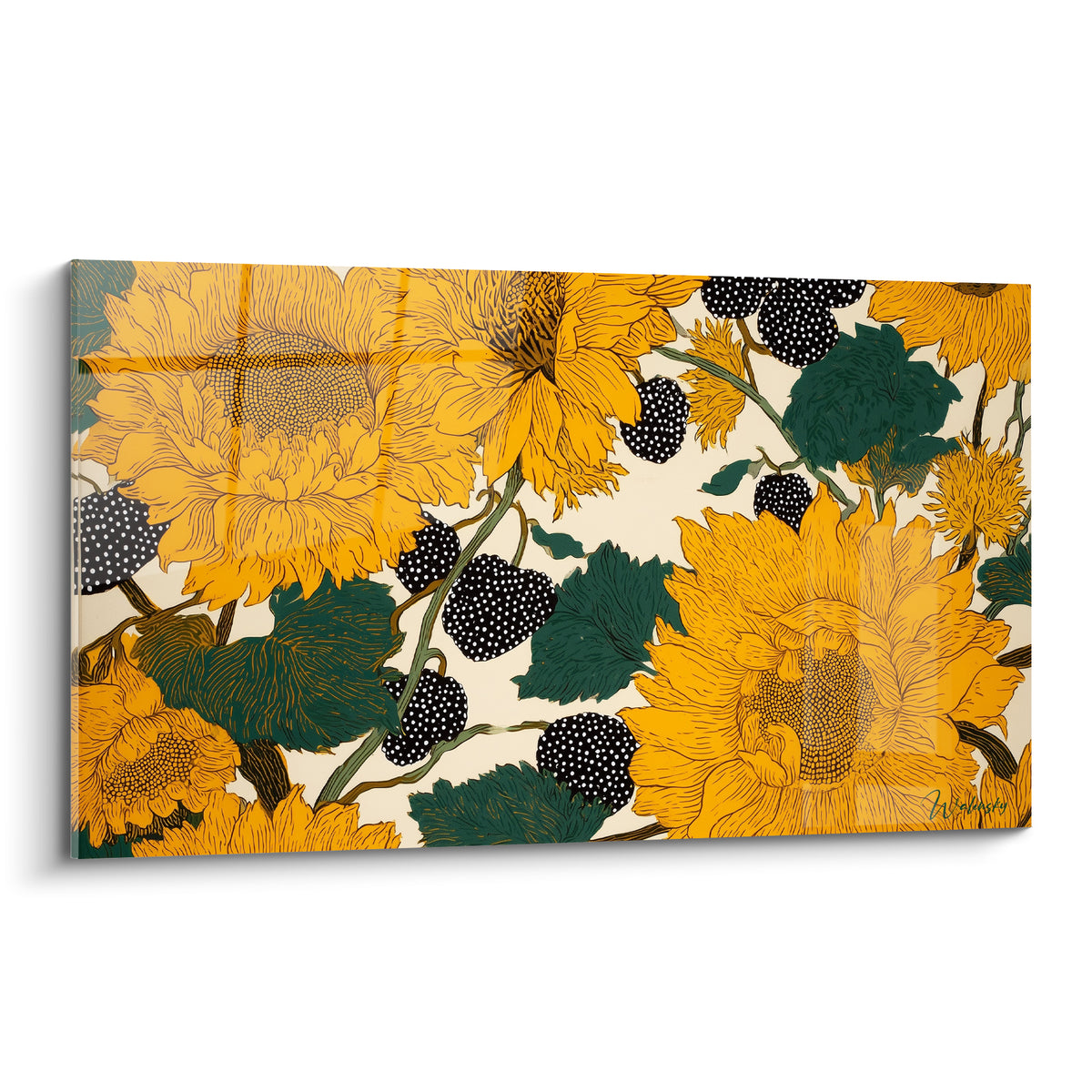 Tournesols dorés aux cœurs bruns texturés, feuillage vert sapin et baies noires mouchetées sur fond ivoire