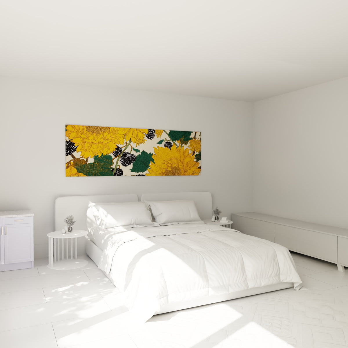Grandes fleurs de tournesol dorées et vertes ornant une toile murale au-dessus d'un lit dans une chambre claire