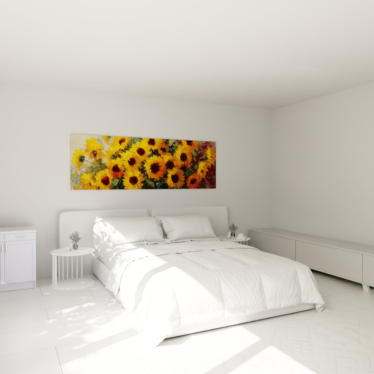 Tournesols jaunes aux cœurs bruns accrochés au-dessus d'un lit dans une chambre claire