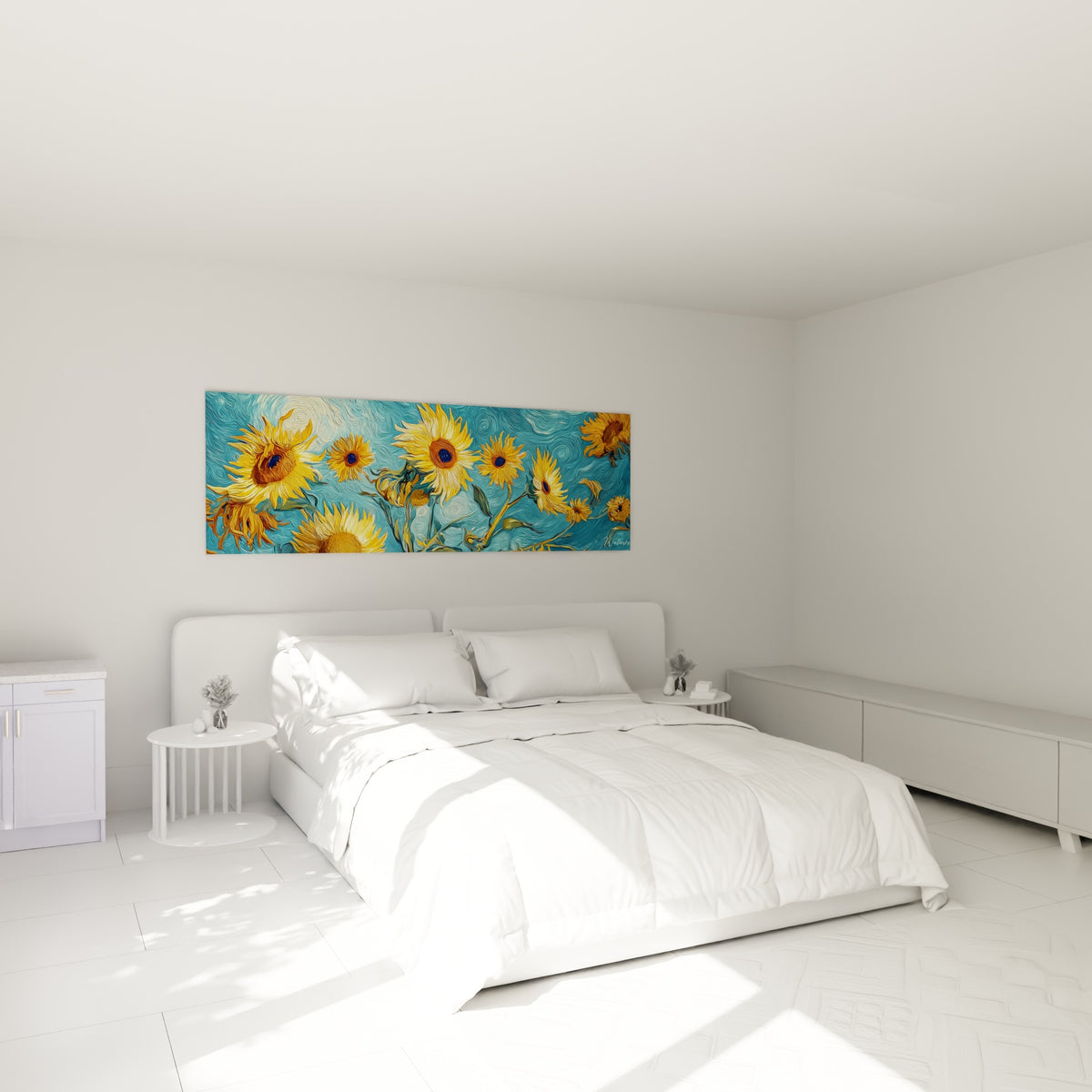 Bouquet de tournesols dorés et bleu turquoise accroché au-dessus d'un lit dans une chambre claire