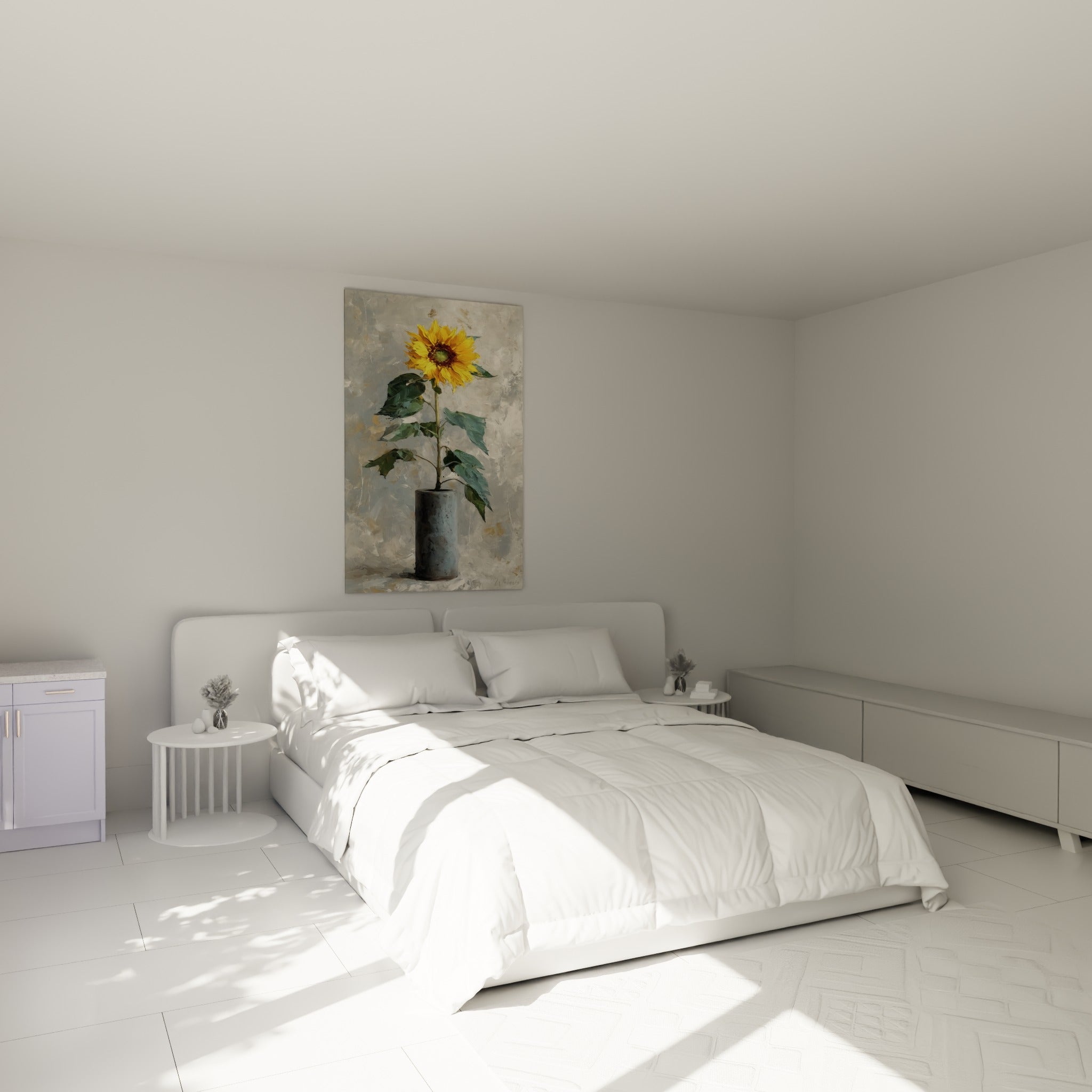 Fleur solaire dorée et feuilles vert sauge accrochée au-dessus d'un lit dans une chambre claire