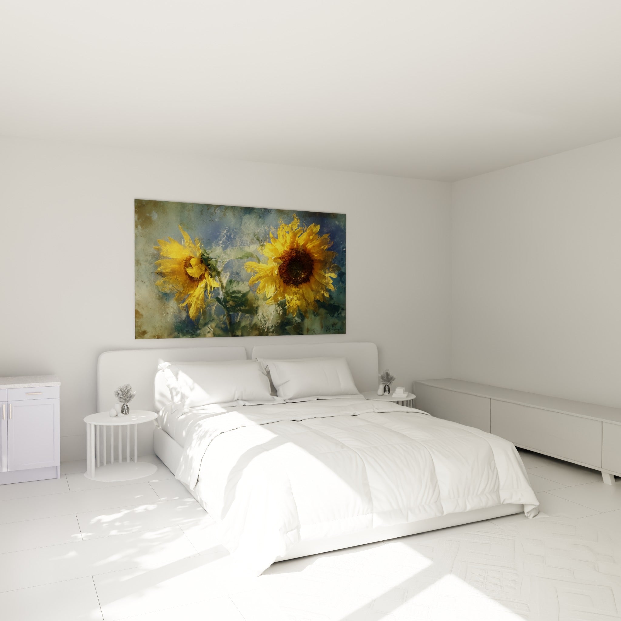 Fleurs de tournesol jaune et vert olive au-dessus d'un lit dans une chambre claire