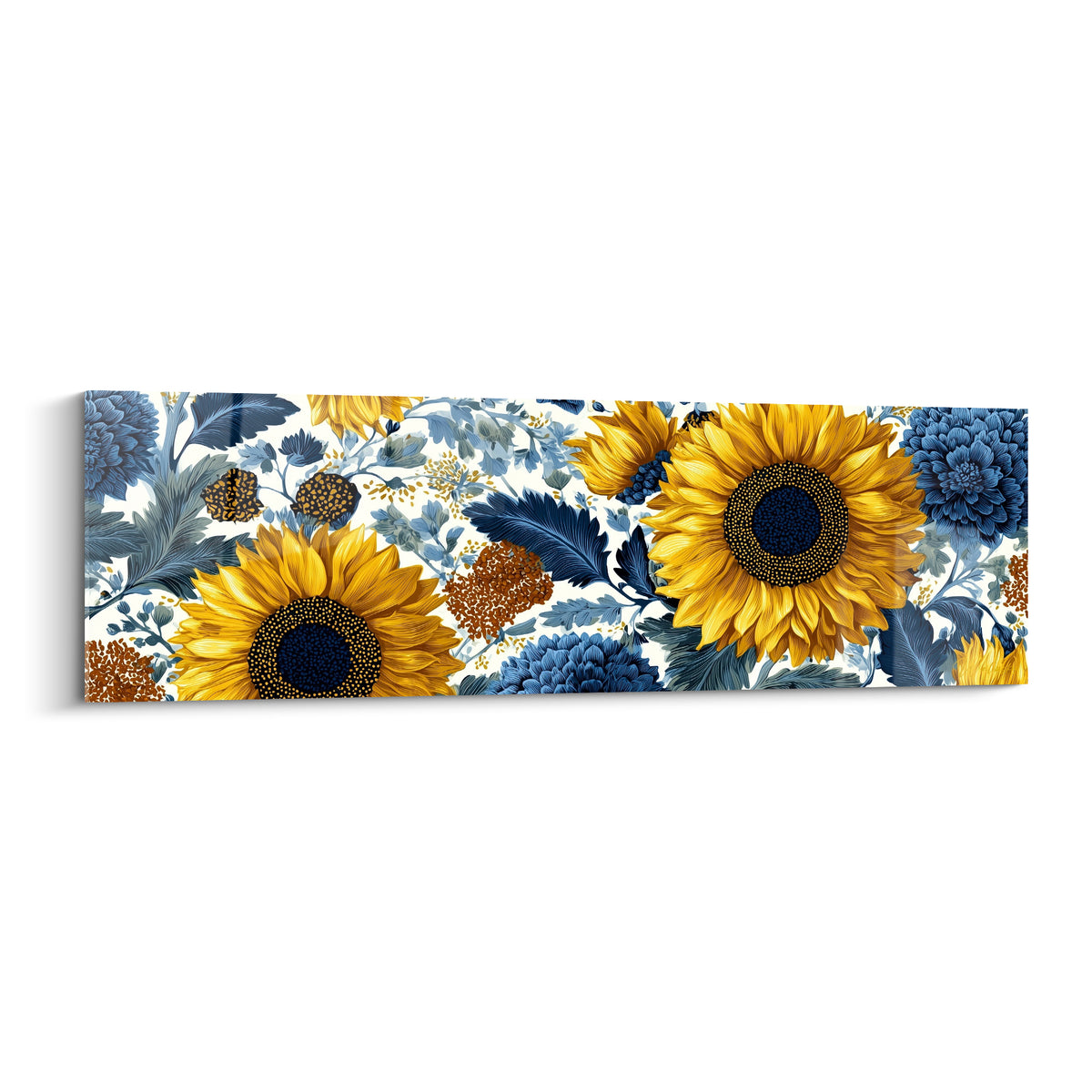 Tournesols dorés aux cœurs sombres entourés de chrysanthèmes bleu marine et touches terracotta