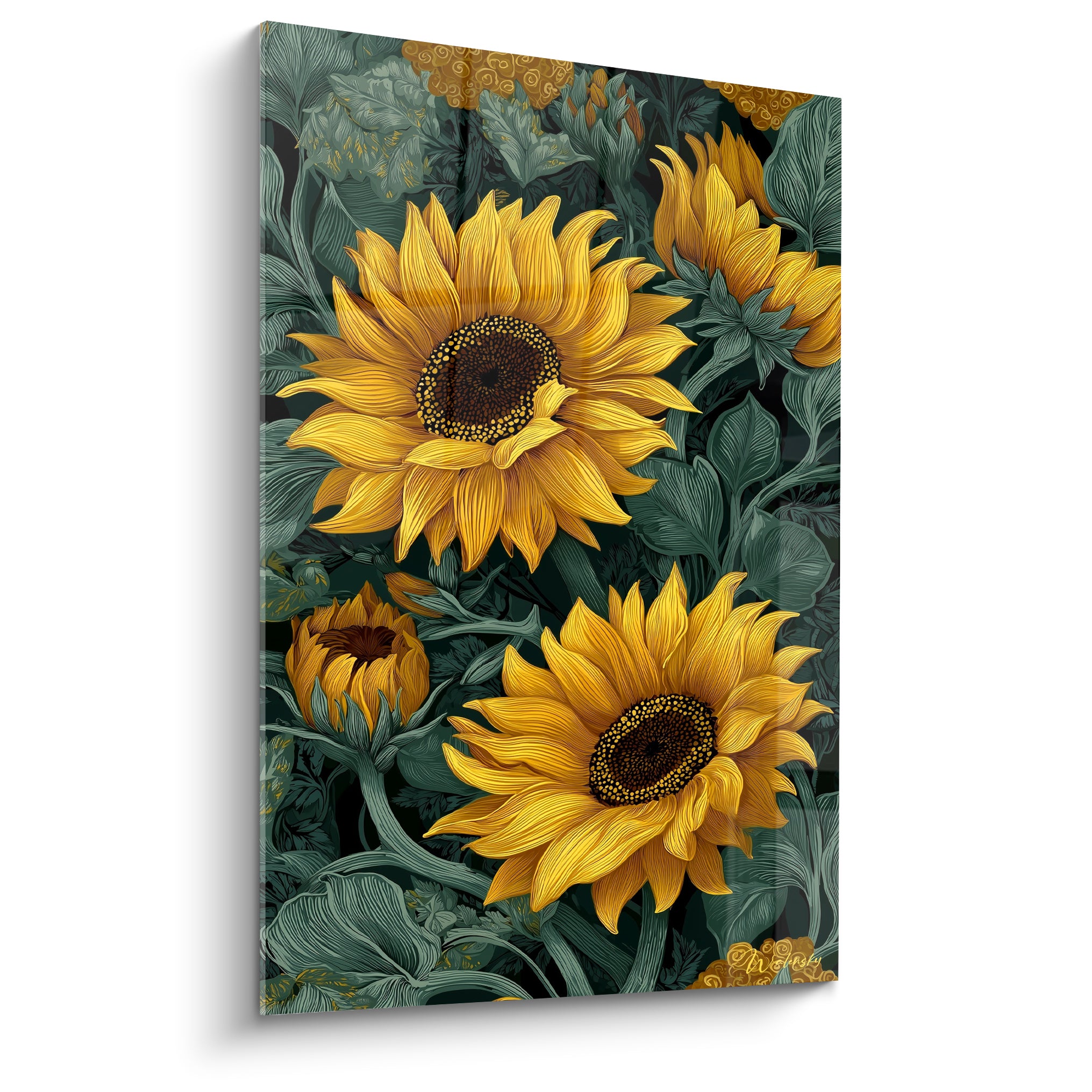 Tournesols dorés aux pétales veinés sur fond de feuillage vert sombre et brun