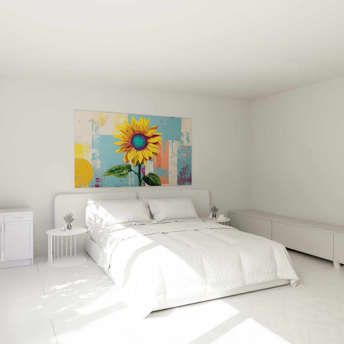 Fleur de tournesol dorée et bleue accrochée au-dessus d'un lit dans une chambre claire