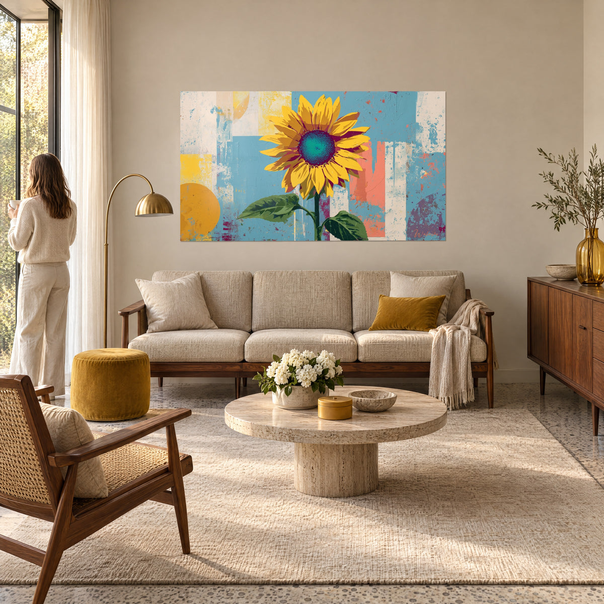 Tableau tournesol jaune au cœur turquoise sur fond bleu éclaboussé, au-dessus d'un canapé dans un salon lumineux