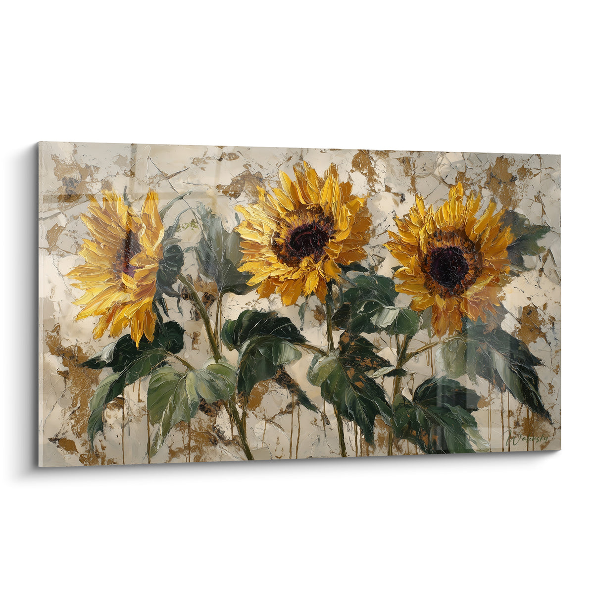 Trois tournesols jaunes et verts peints en relief sur fond doré craquelé, cœurs bruns profonds