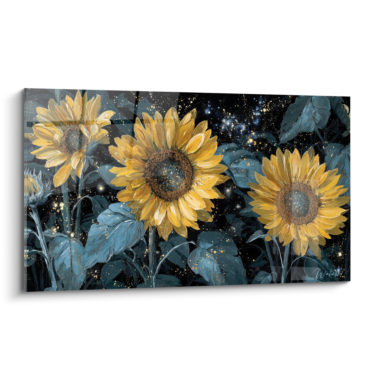 Tournesols dorés aux pétales détaillés se détachant sur un fond bleu nuit étoilé