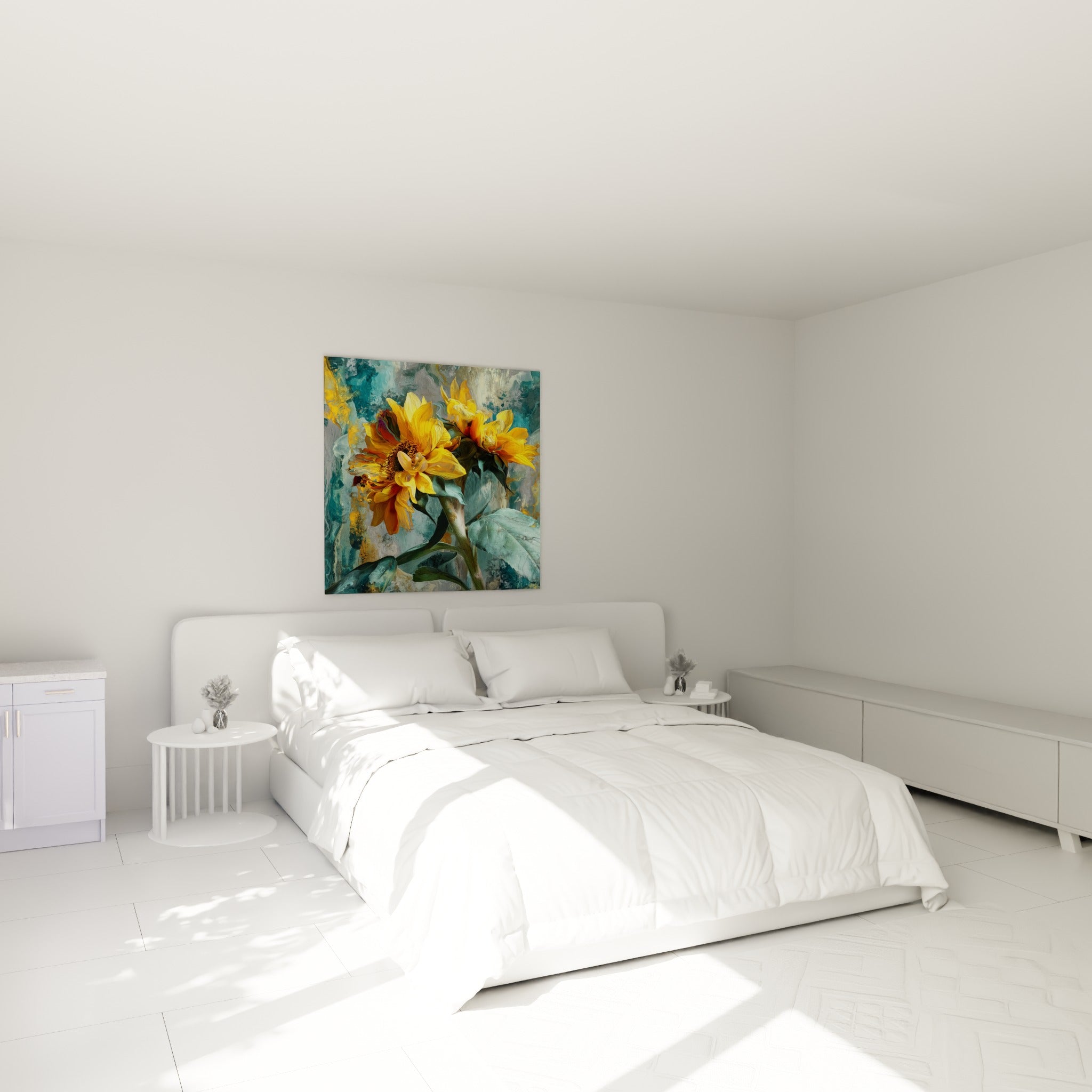 Tournesols dorés aux tiges vertes peints sur fond gris-bleu, accrochés au-dessus d'un lit dans une chambre claire