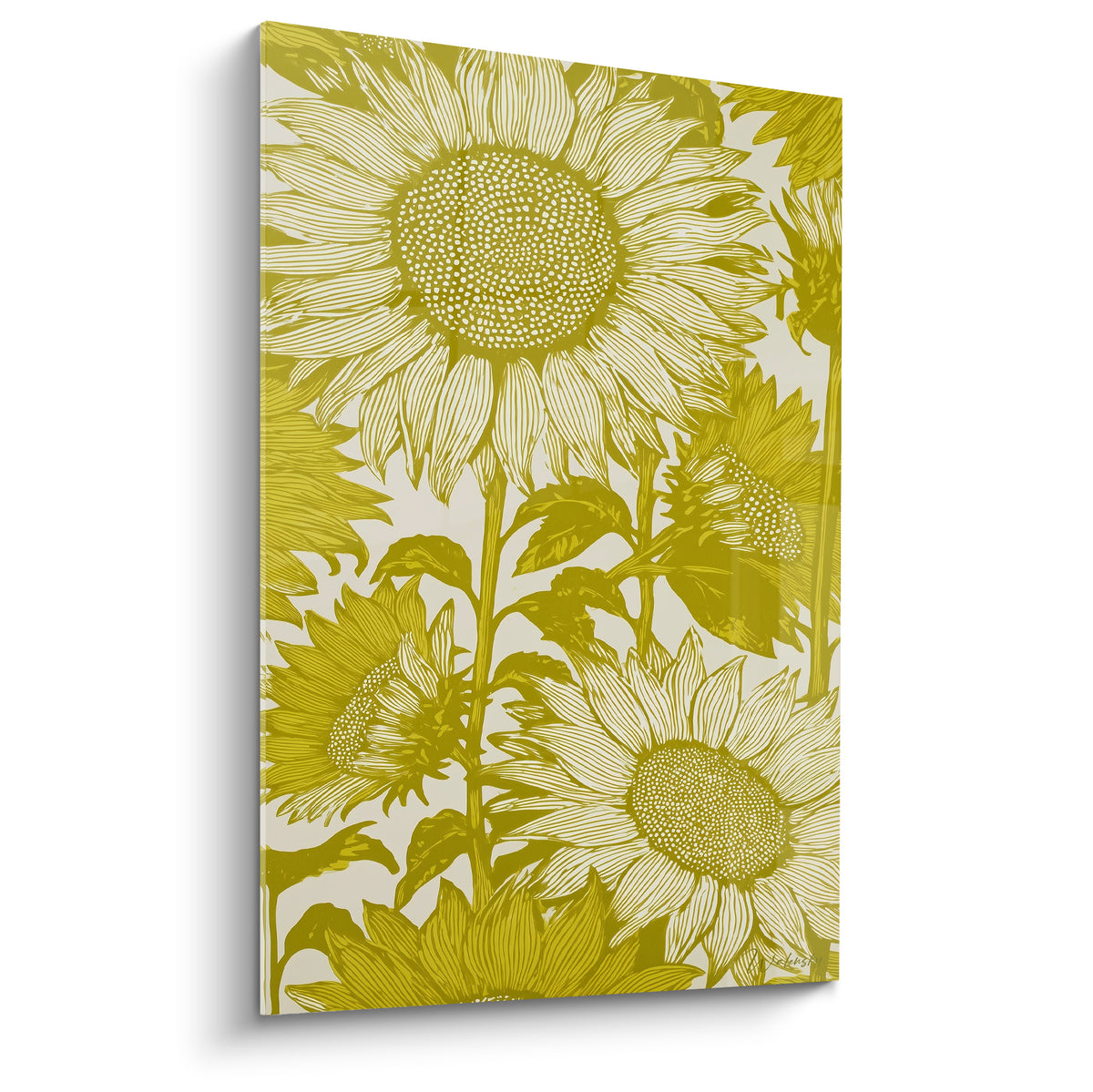 Tournesols dorés et ivoire en gravure graphique, pétales fins et cœur pointillé, composition florale dense