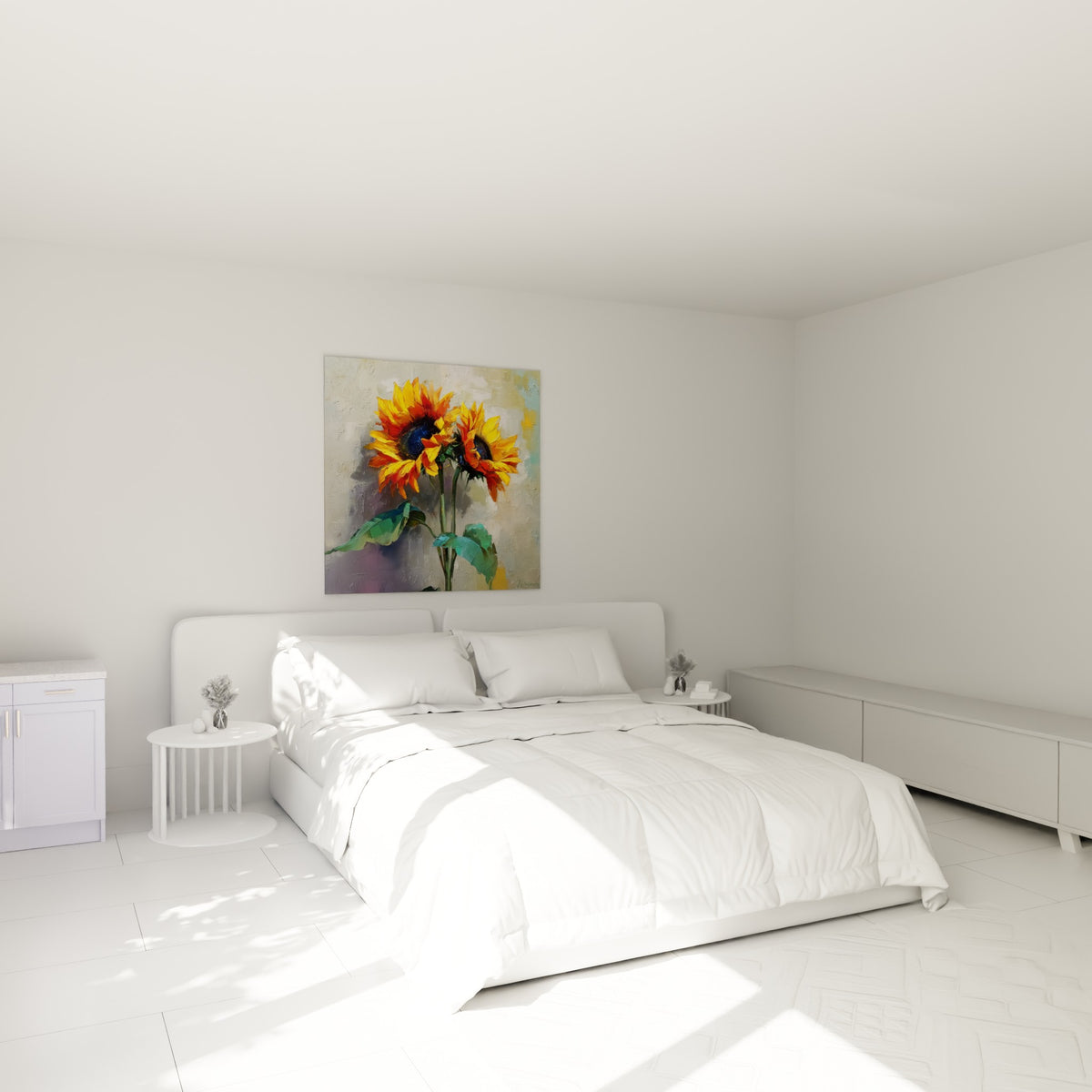 Bouquet de tournesols dorés et verts émeraude accroché au-dessus d'un lit dans une chambre claire