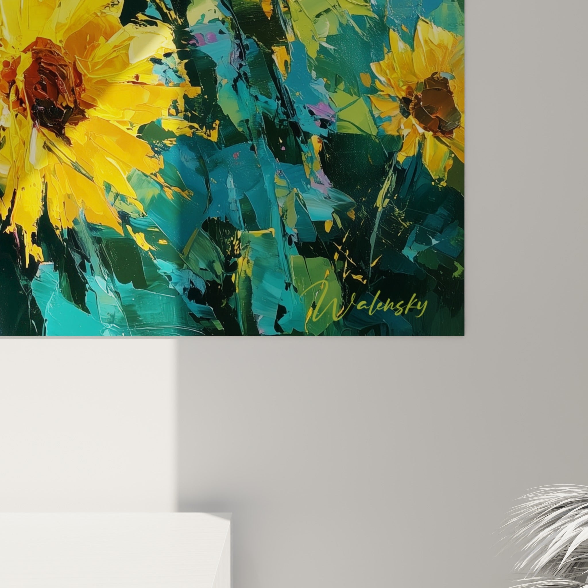 Empâtements épais de jaune doré et de turquoise révélant la matière du champ de tournesols peint
