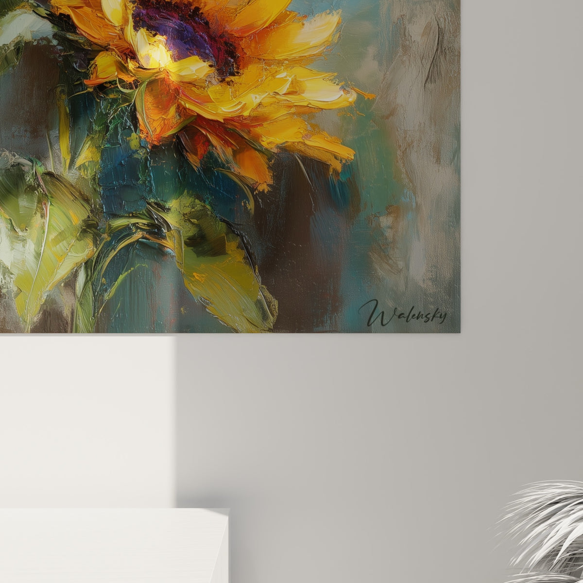 Empâtements épais de jaune doré et bleu pétrole visibles en gros plan sur la toile de tournesol