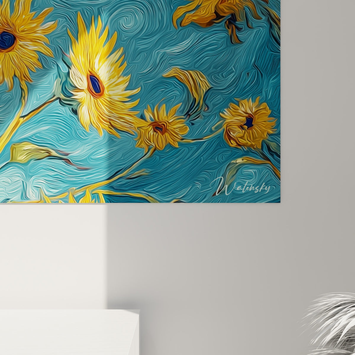Empâtements jaune vif et coulures bleu turquoise visibles de près sur la toile du tableau Tournesol