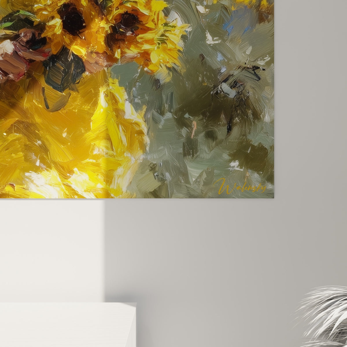 Empâtements épais de jaune et d'ocre sur la robe et les pétales, coulures de peinture visibles sur la toile