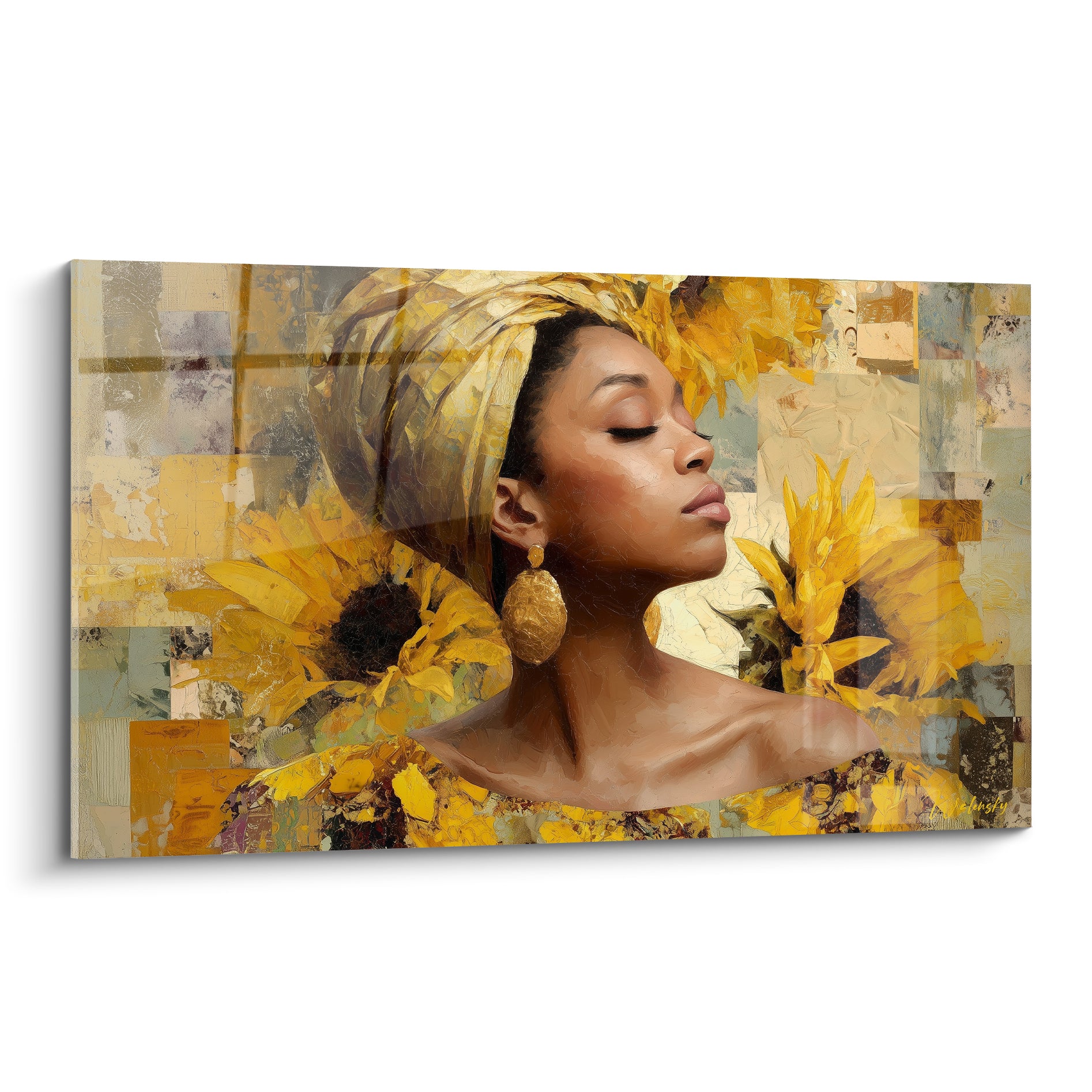Femme au turban ocre et tournesols dorés, yeux clos, fond patchwork beige et brun texturé