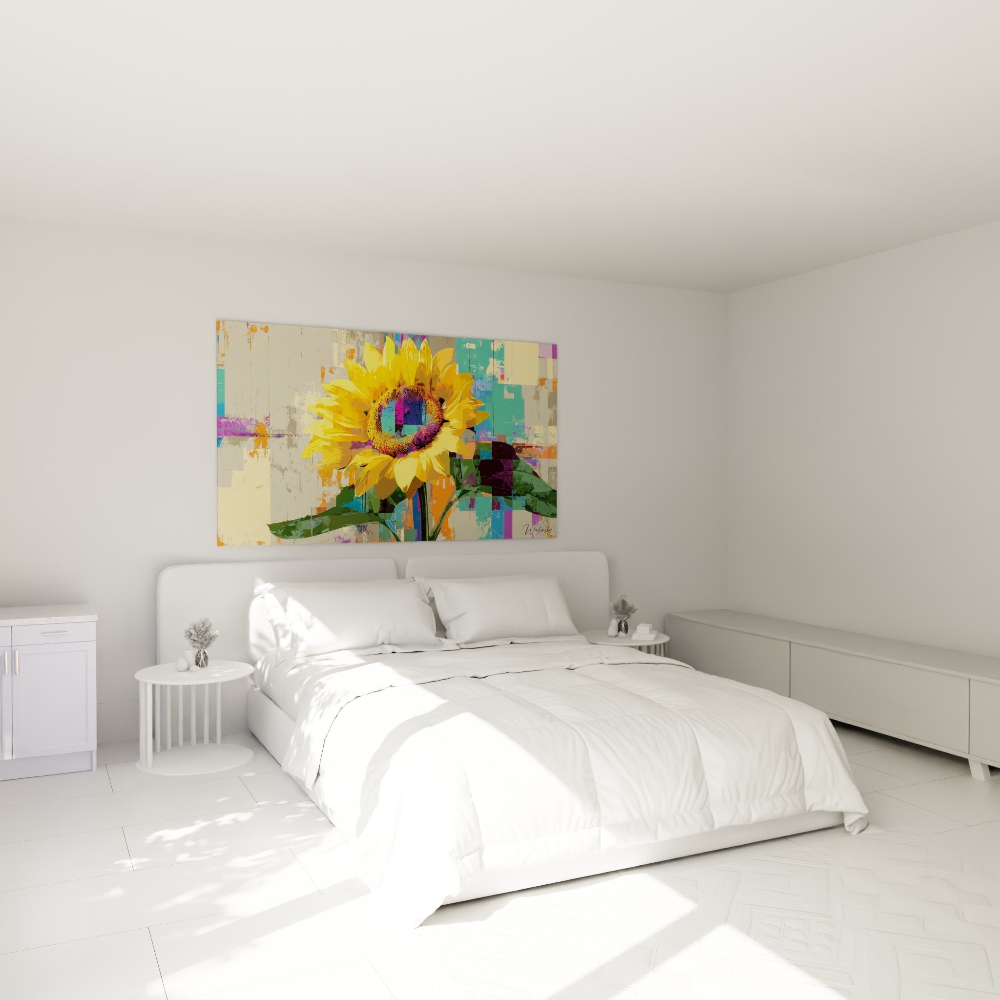 Pétales jaunes et cœur violet du tournesol accrochés au-dessus d'un lit dans une chambre claire