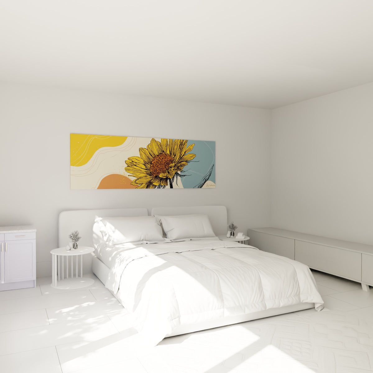 Fleur de tournesol jaune et bleu gris illustrée finement, au-dessus d'un lit dans une chambre claire
