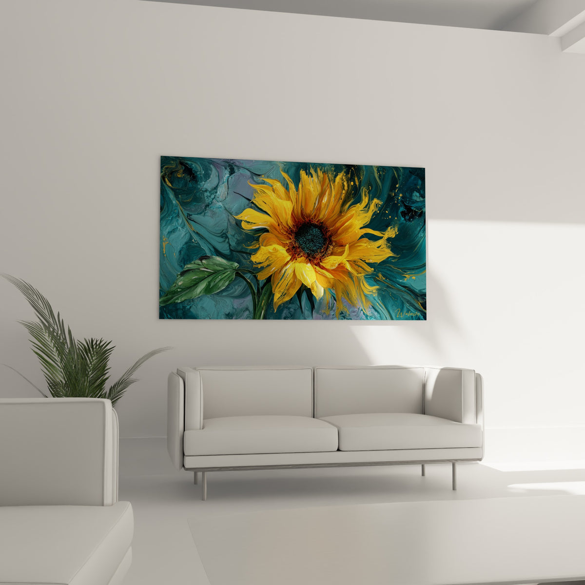 Fleur solaire jaune et feuillage vert émeraude accrochés au-dessus d'un canapé dans un salon lumineux