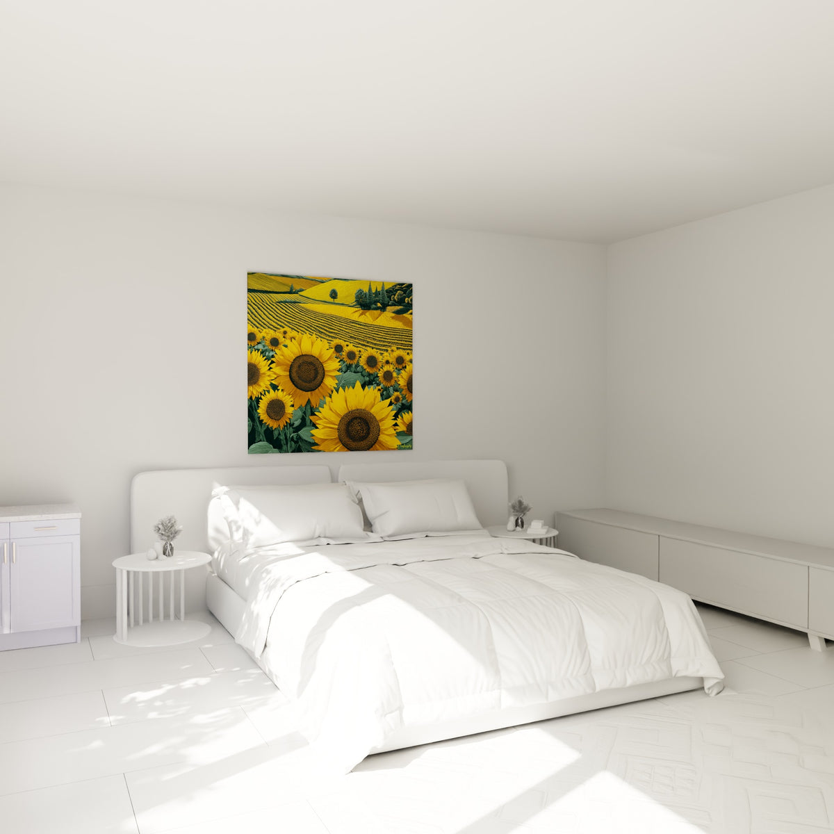 Tournesols jaune vif et vert émeraude illustrés au-dessus d'un lit dans une chambre claire