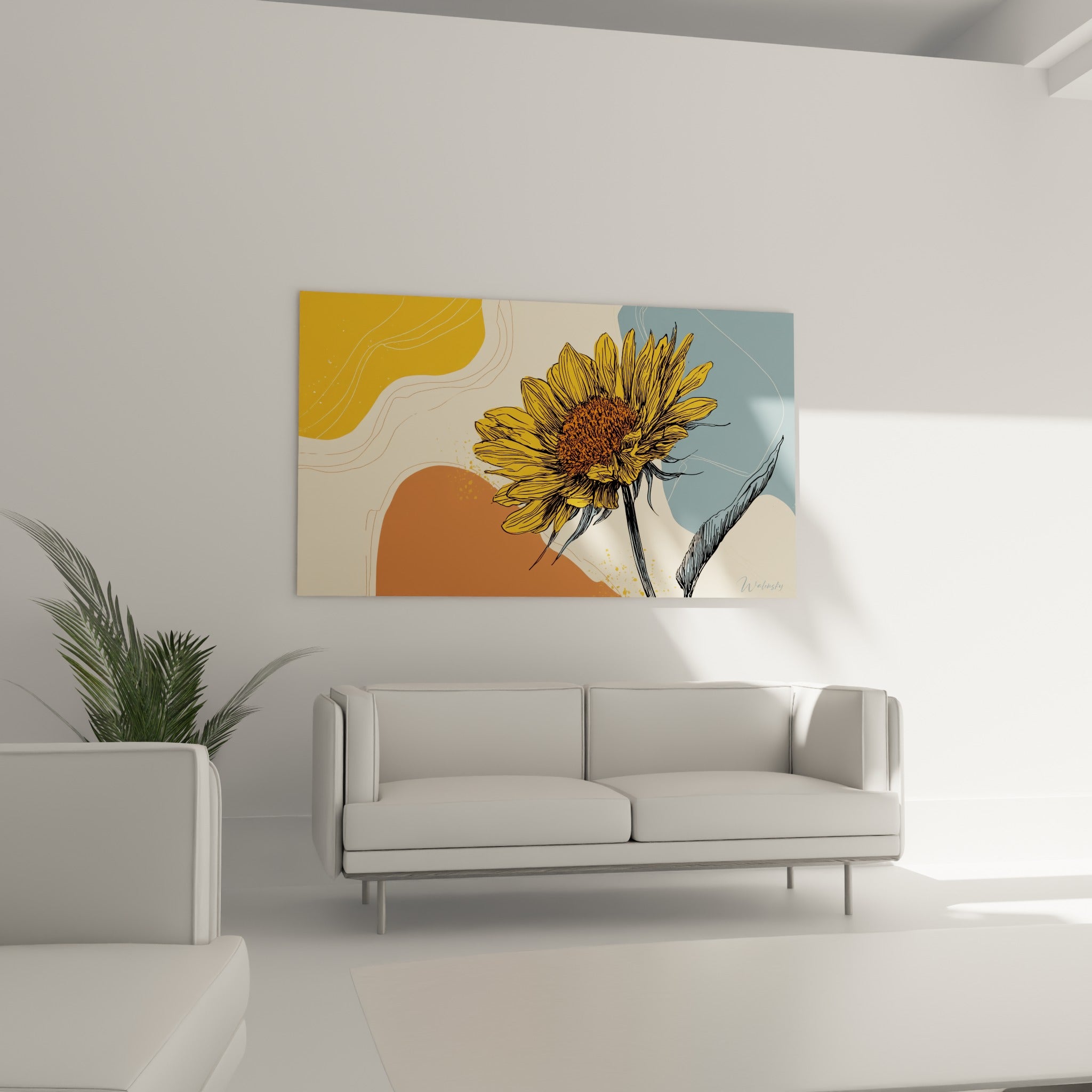 Pétales dorés et fond bleu pastel du tournesol accrochés au-dessus d'un canapé dans un salon lumineux
