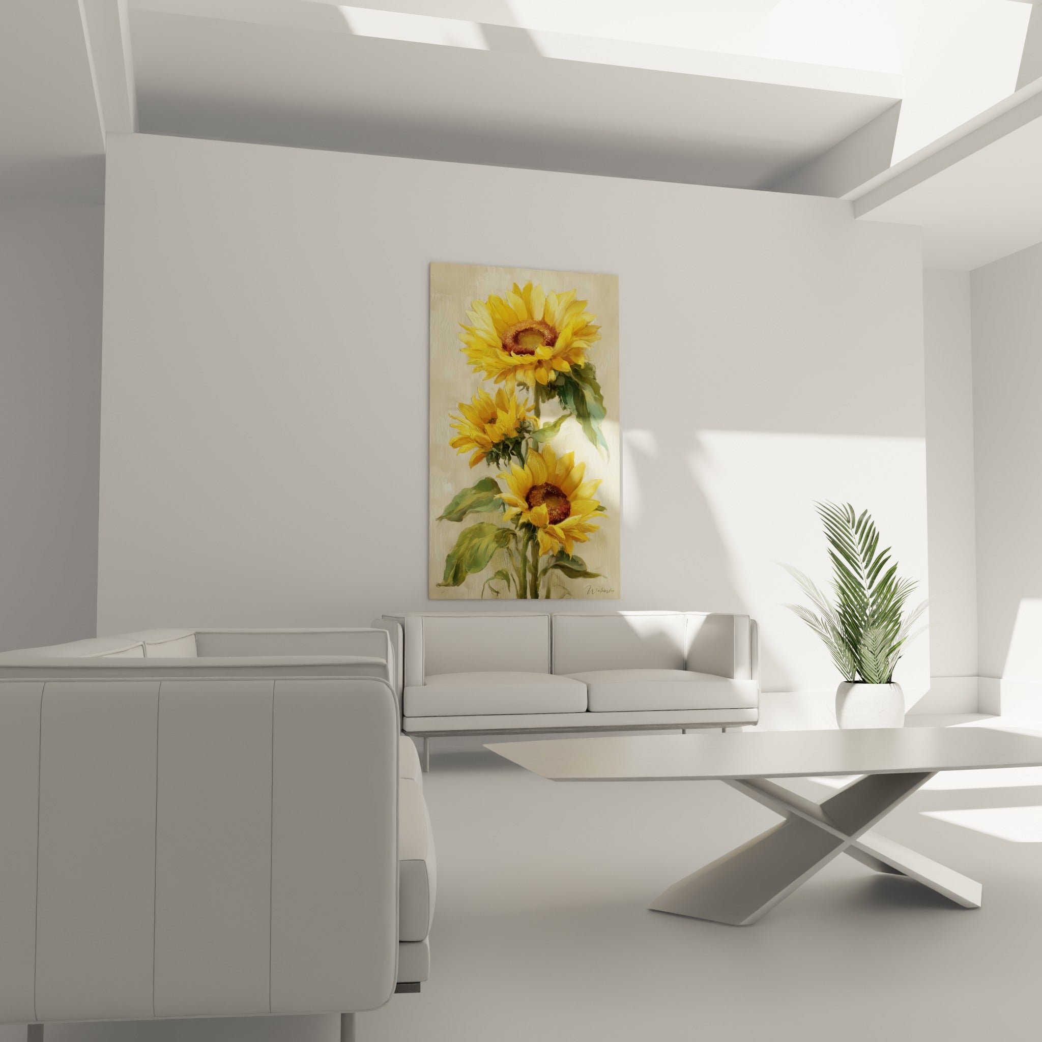 Fleurs de tournesol jaune vif et cœurs bruns disposées au-dessus d'un canapé dans un salon lumineux