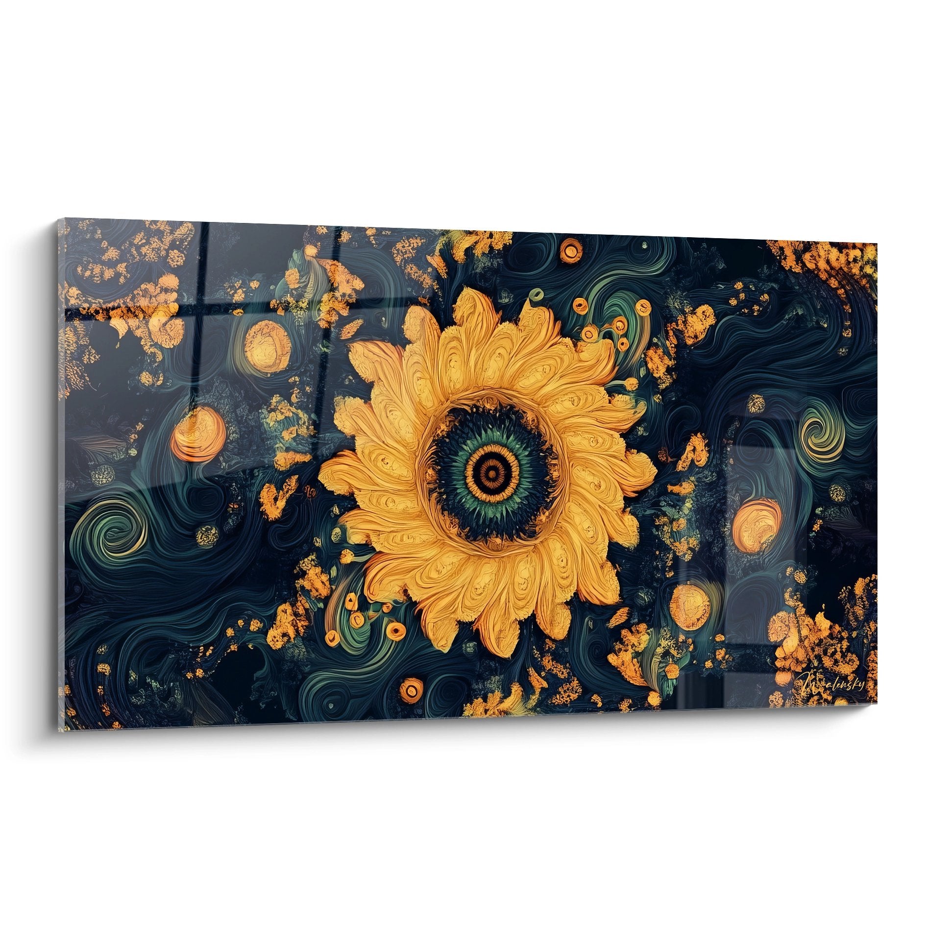 Tableau mural tournesol fractale doré avec motifs cosmiques et spirales géométriques sur fond bleu étoilé