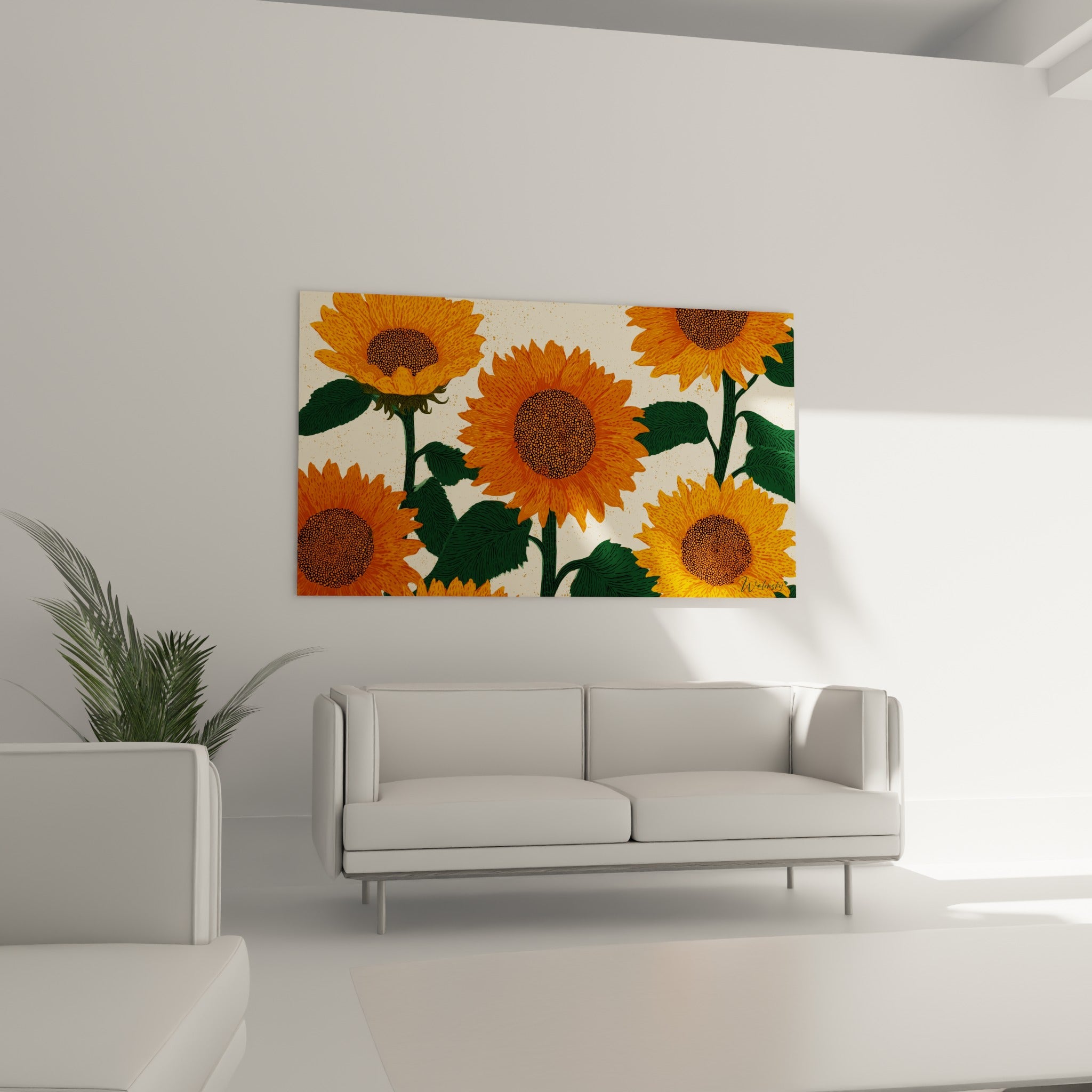 Bouquet de tournesols orange et vert profond disposé au-dessus d'un canapé dans un salon lumineux