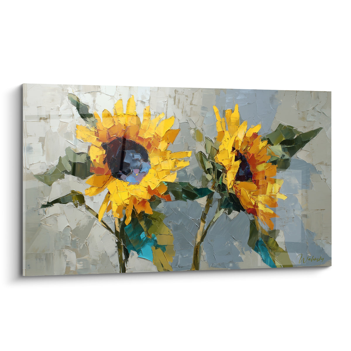 Tournesol jaune et brun aux pétales sculptés au couteau sur fond gris texturé