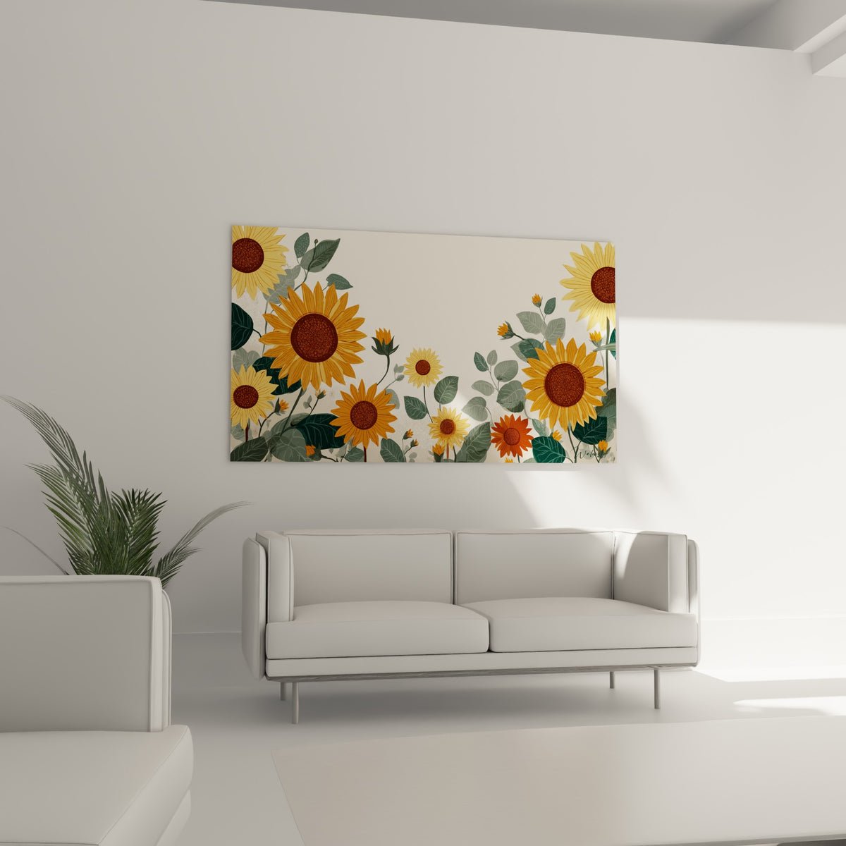 Fleurs de tournesol jaune et brun au-dessus d'un canapé dans un salon lumineux