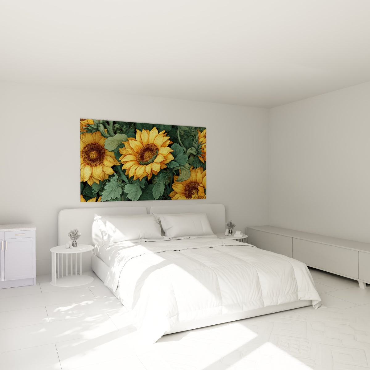 Tournesols jaune doré et vert sauge disposés au-dessus d'un lit dans une chambre claire